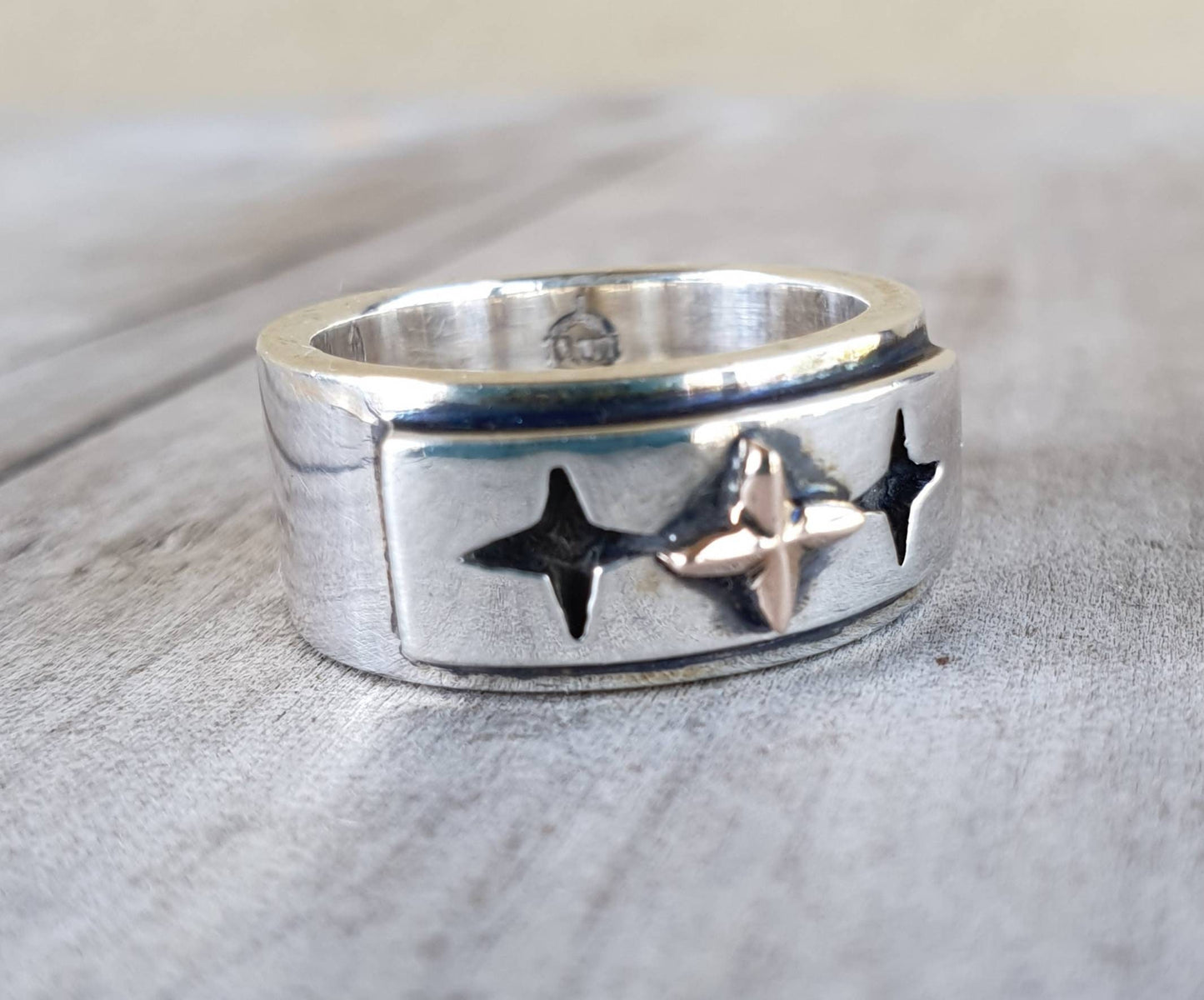 Gold star ring,two tone ring,10k gold and sterling silver,chunky,even cross, wedding,oxidized,Christian,