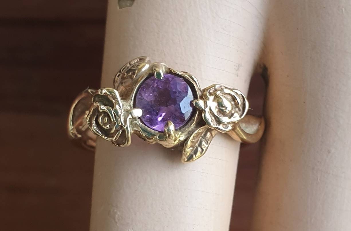 9k Gold rose ring,amethyst,9ct gold,flower,boho,art nouveau,victorian,vintage,handmade,gypsy,goddess,women fashion
