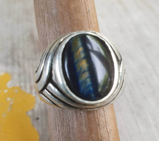 Blue tigers eye ring, sterling silver,chunky,heavy and solid,modern bespoke,boho,mans  dress wedding dress ring