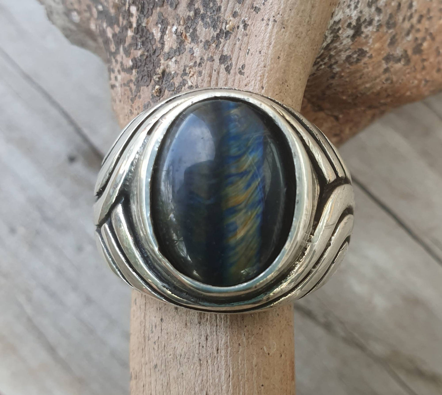 Blue tigers eye ring, sterling silver,chunky,heavy and solid,modern bespoke,boho,mans  dress wedding dress ring