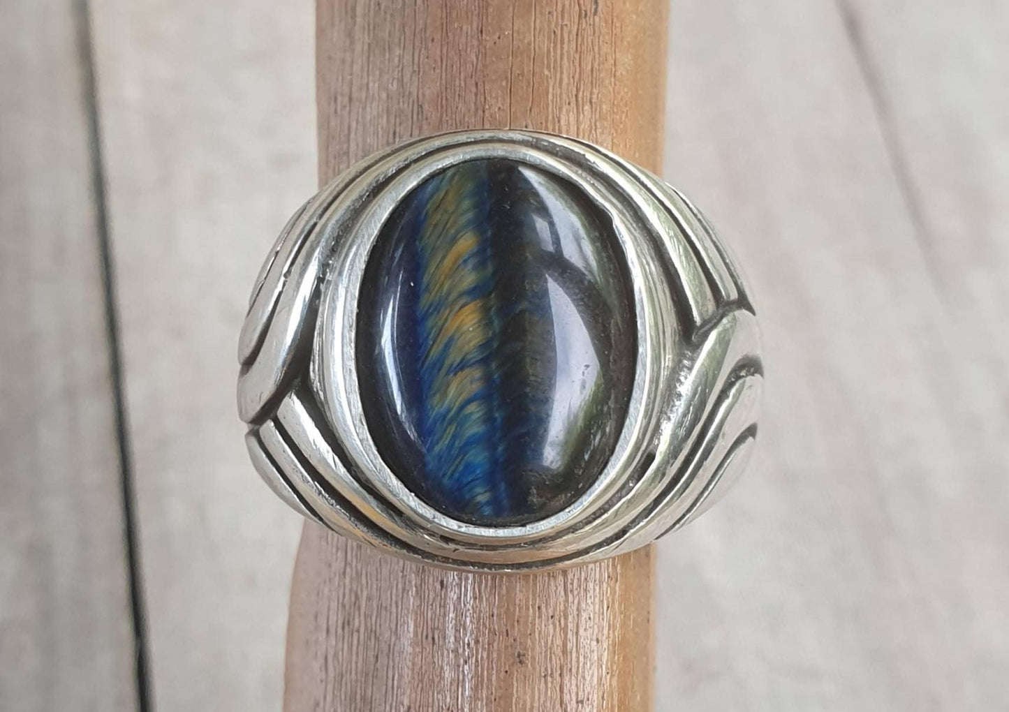 Blue tigers eye ring, sterling silver,chunky,heavy and solid,modern bespoke,boho,mans  dress wedding dress ring