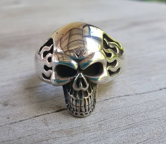 Skull flame ring,sterling silver,kustom kulture roth flame,muscle car, steampunk,gothic, punk , solid,heavy,hipster