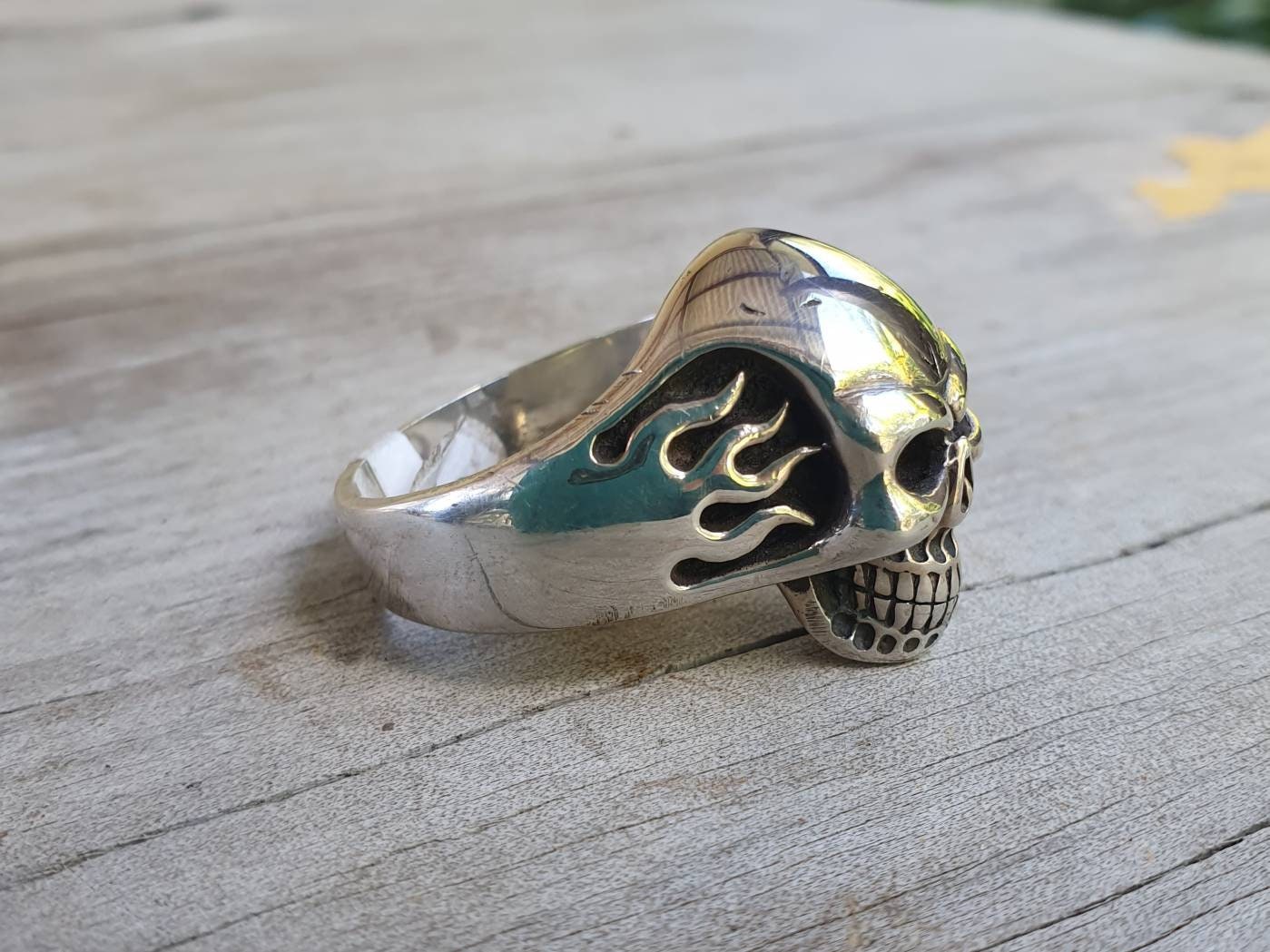 Skull ring,flames,sterling silver,custom culture,muscle car,roth,steampunk,gothic, punk, solid,heavy,hipster