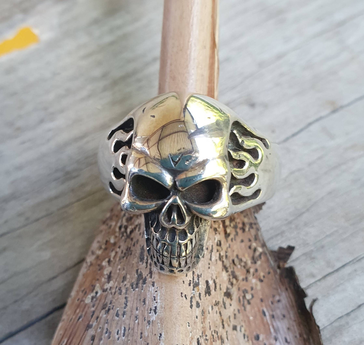 Skull flame ring,sterling silver,ed style flames,steampunk,gothic, punk, solid,heavy,hipster,kustom kulture muscle car