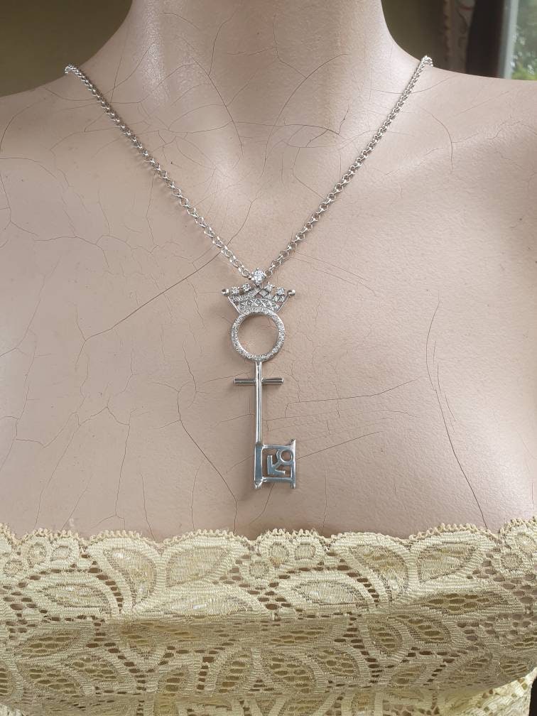 Crown key pendant,vintage,1990s,sterling silver,cubic zirconia, cz,pet of the month,key of life pendant