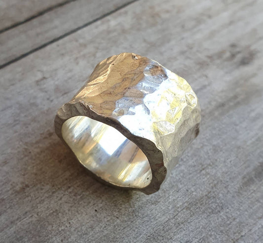 Wide 15mm hammered ring,large size sterling silver,25gms heavy,solid,handmade,hammered,rustic wedding  ring,distressed,industrial ring,nugget,boho