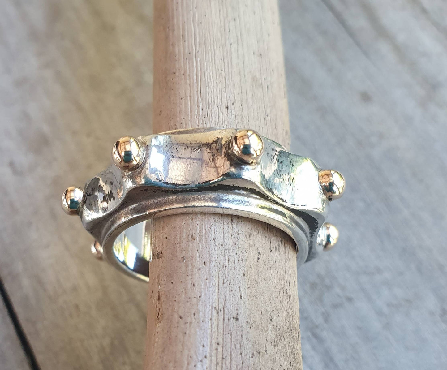 Chunky two tone ring,10k Gold and 925 silver band,mixed metal ring,9ct gold,sterling silver ball,boho,man's fashion,unisex,designer,handmade
