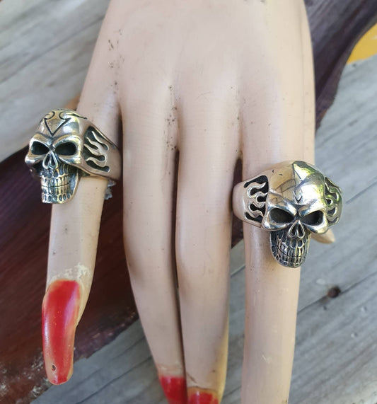 Skull ring,flames,sterling silver steampunk,gothic, punk, solid,heavy,hipster,muscle car,