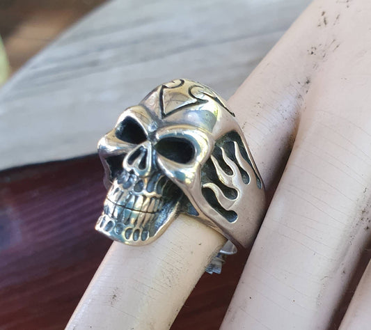 Skull ring,flames,sterling silver,custom culture,muscle car,roth,steampunk,gothic, punk, solid,heavy,hipster