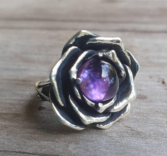 Rose amethyst ring,925 sterling silver,handmade,large rose,boho,big chunky ring steampunk, gothic, art nouveau ,victorian