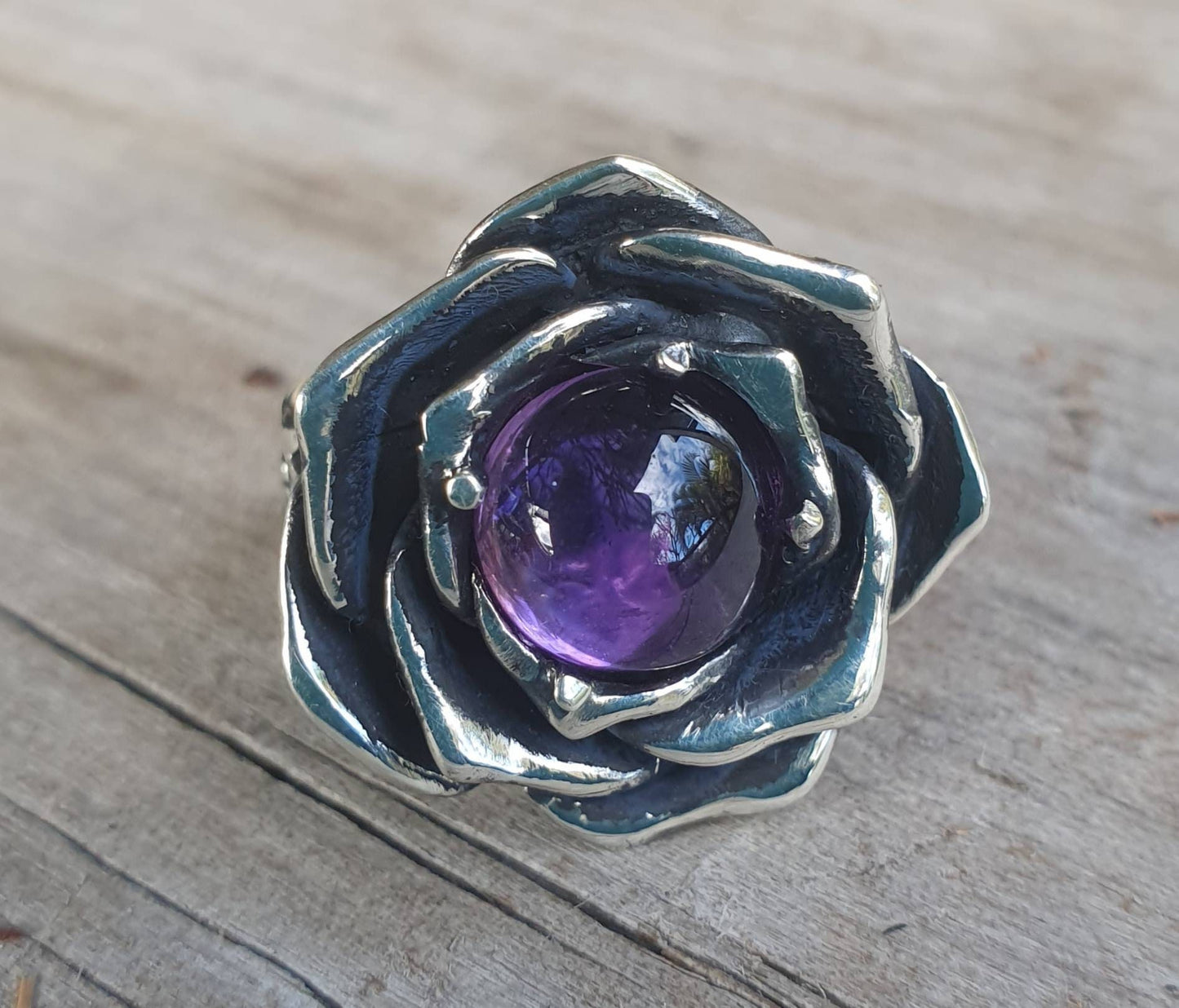Rose amethyst ring,925 sterling silver,handmade,large rose,boho,big chunky ring steampunk, gothic, art nouveau ,victorian