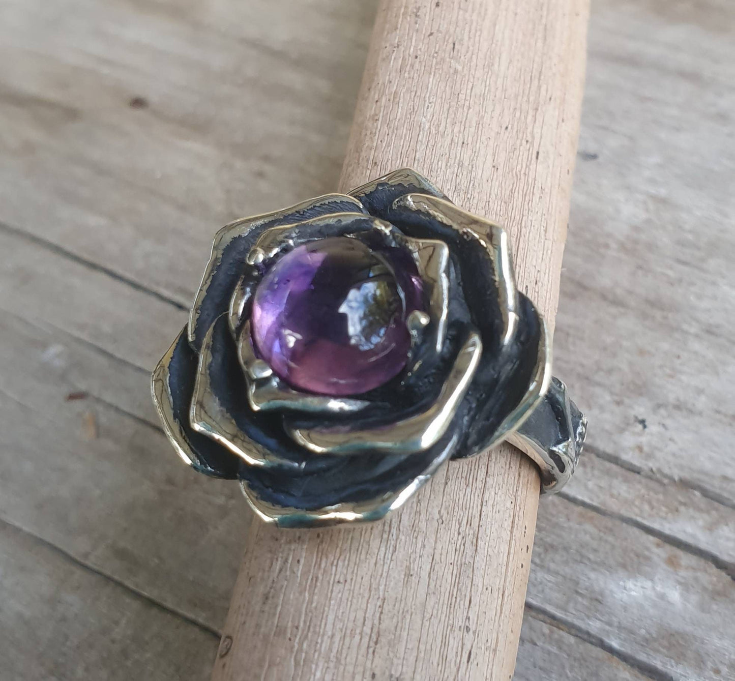 Rose amethyst ring,925 sterling silver,handmade,large rose,boho,big chunky ring steampunk, gothic, art nouveau ,victorian