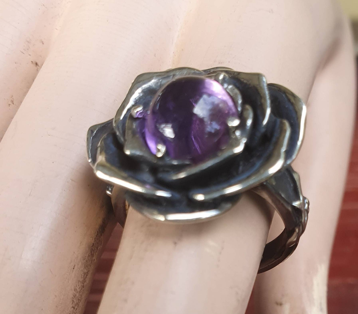 Rose amethyst ring,925 sterling silver,handmade,large rose,boho,big chunky ring steampunk, gothic, art nouveau ,victorian