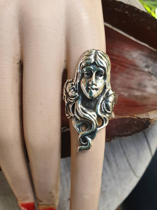 art nouveau ring,ladies head,sterling silver, goddess,gothic, victorian,boho,shic,gypsy,hippy,long ring,handmade,women's fashion,deco
