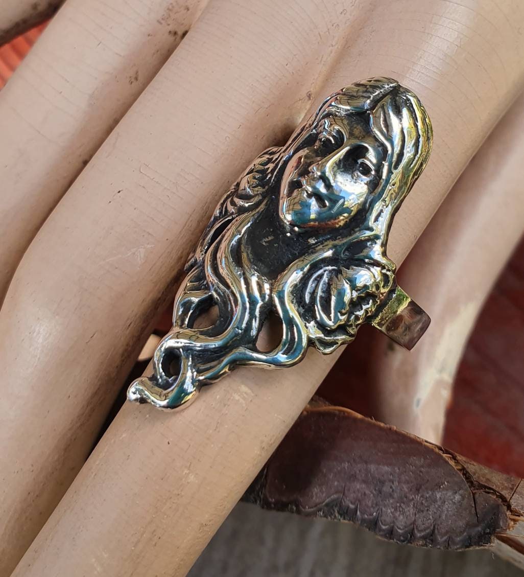 art nouveau ring,ladies head,sterling silver, goddess,gothic, victorian,boho,shic,gypsy,hippy,long ring,handmade,women's fashion,deco