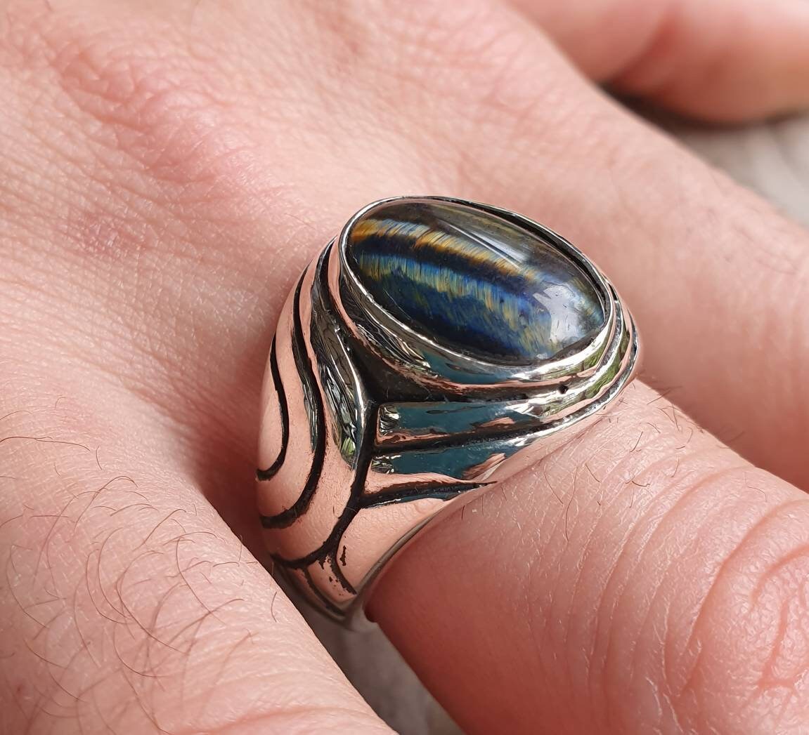 Blue tigers eye ring, sterling silver,chunky,heavy and solid,modern bespoke,boho,mans  dress wedding dress ring