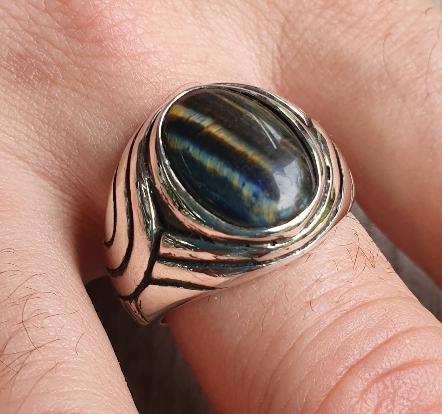 Blue tigers eye ring, sterling silver,chunky,heavy and solid,modern bespoke,boho,mans  dress wedding dress ring