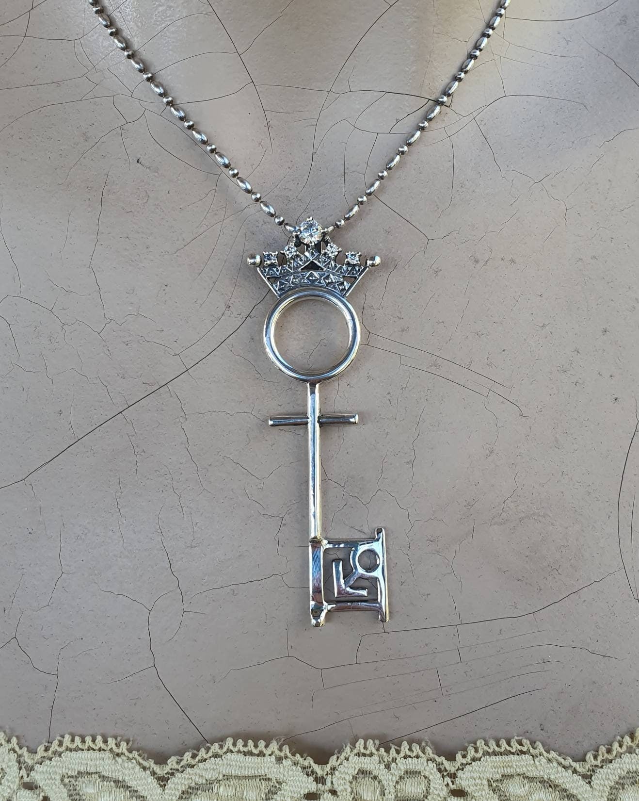 Crown key pendant,vintage,1990s,sterling silver,cubic zirconia, cz,pet of the month,key of life pendant