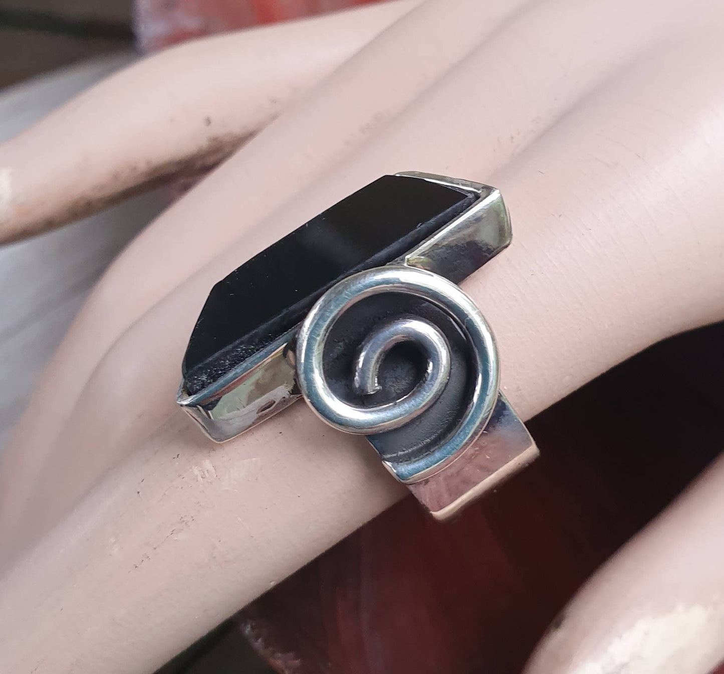 Large long onyx ring,l925 sterling silver,black acrylic, boho,gypsy,new age,handmade,scroll,swirl, tribal,,stone ring,maori koru