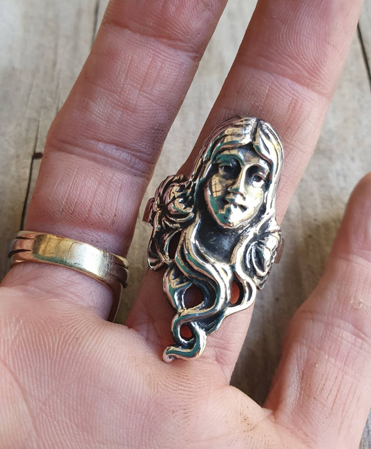 art nouveau ring,ladies head,sterling silver, goddess,gothic, victorian,boho,shic,gypsy,hippy,long ring,handmade,women's fashion,deco