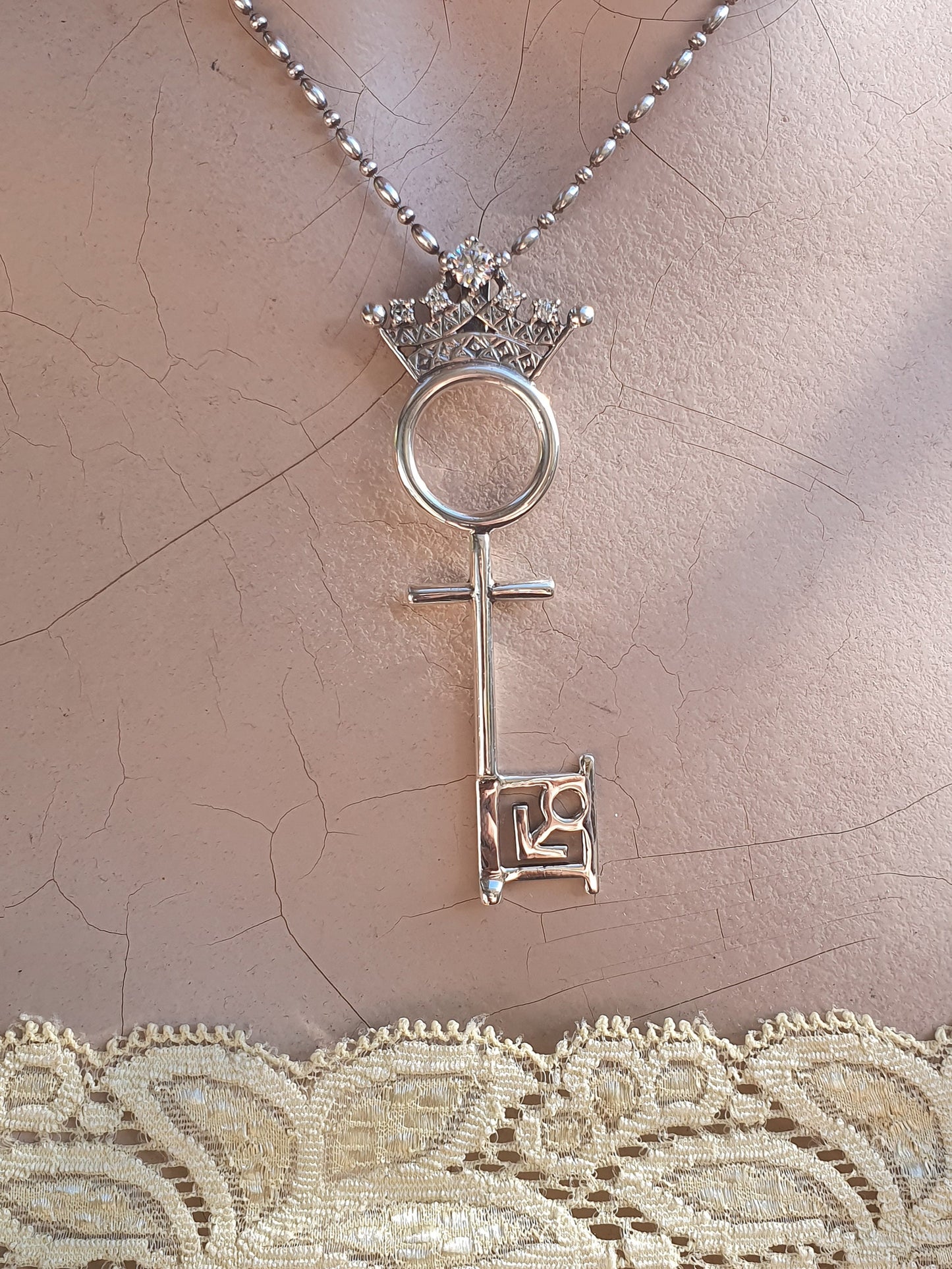 Crown key pendant,vintage,1990s,sterling silver,cubic zirconia, cz,pet of the month,key of life pendant