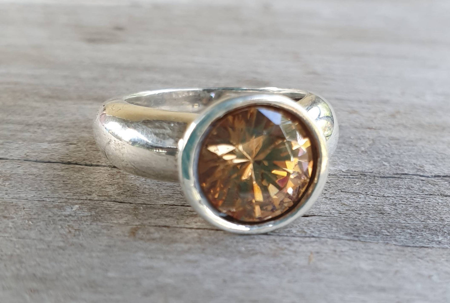Cinnamon Cubic zirconia ring,sterling silver,champagne cz,chunky solitare,silver cz,handmade, ring,goddess,boho,solitare ring,new age,
