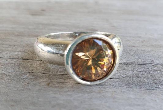 Cinnamon Cubic zirconia ring,sterling silver,champagne cz,chunky solitare,silver cz,handmade, ring,goddess,boho,solitare ring,new age,
