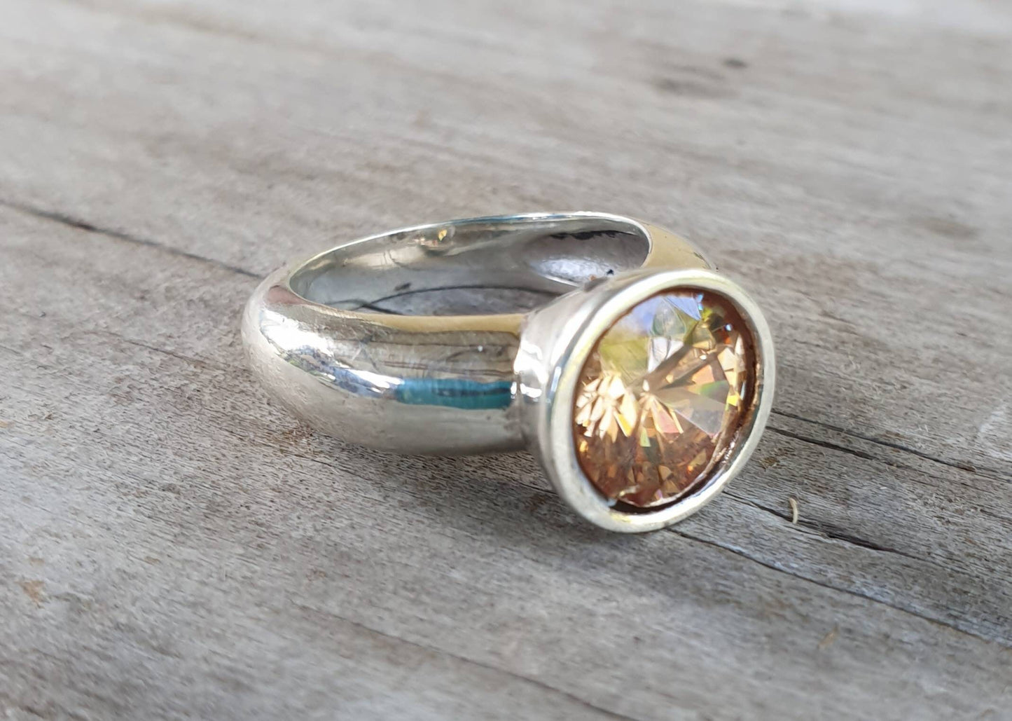 Cinnamon Cubic zirconia ring,sterling silver,champagne cz,chunky solitare,silver cz,handmade, ring,goddess,boho,solitare ring,new age,