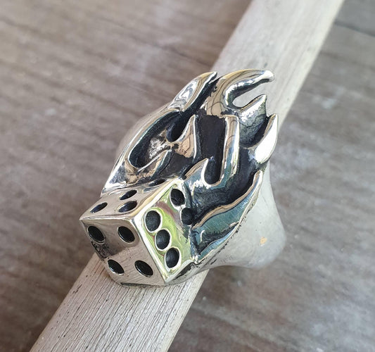 Large flame ring, dice,sterling silver,chunky mans gambling,vegas,Roth,rockabilly,hipster,kustom kulture ,hand made,biker