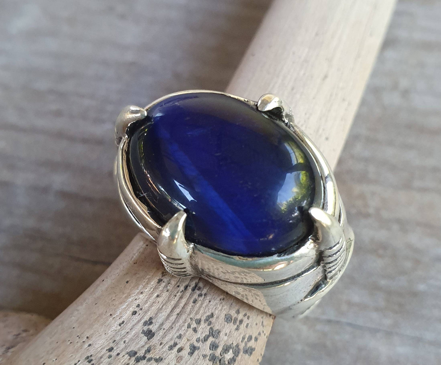 Blue tigers eye ring,sterling silver, claw ring,steampunk,dragon claw,gothic,punk,geiger,alien,talon,eagle,handmade,new age,