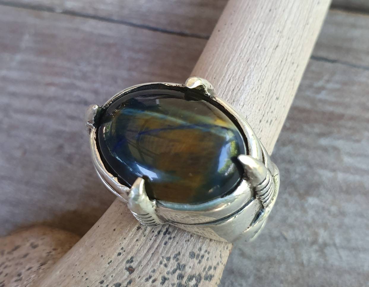 Blue tigers eye ring,sterling silver, claw ring,steampunk,dragon claw,gothic,punk,geiger,alien,talon,eagle,handmade,new age,