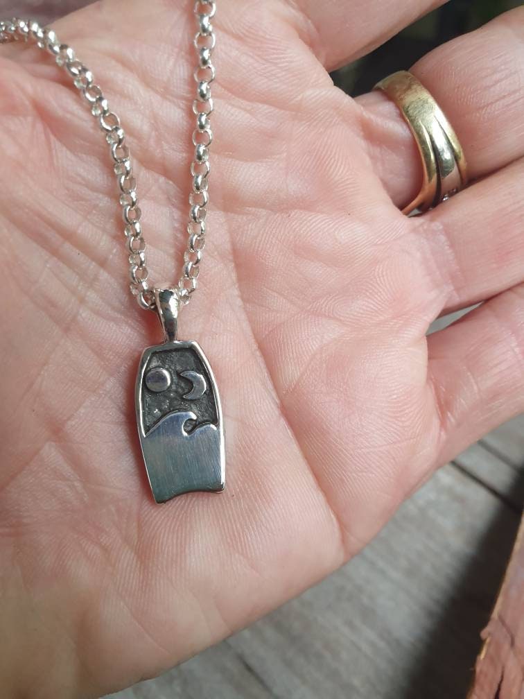 Boogie board,surf,sterling silver,moon,sun,surf wave pendant, wave,surfer, sterling silver,surf charm,enamel jewelry,handmade,