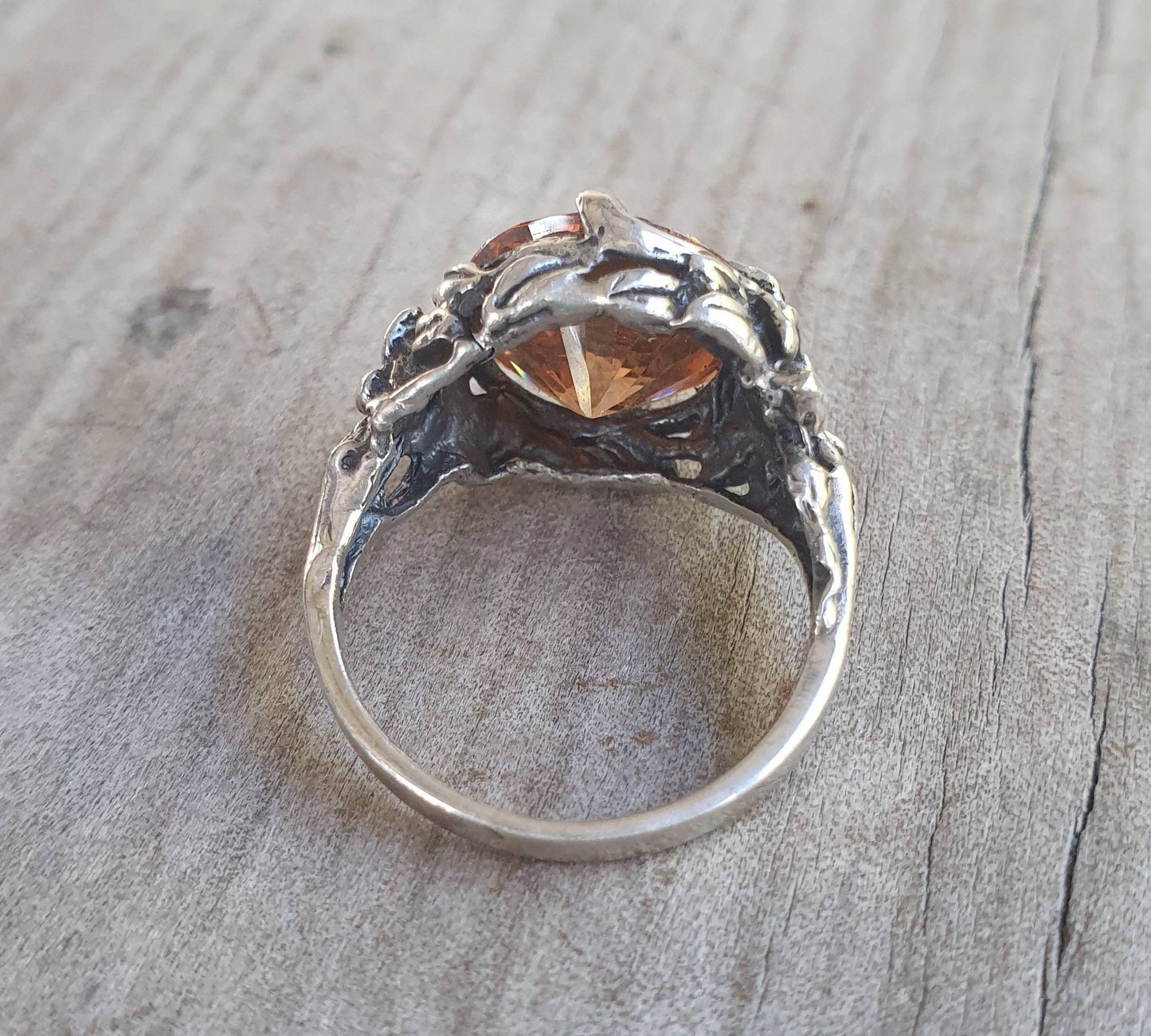 Flower ring,vintage upcycled,sterling silver, cubic zirconia,art nouveau,cinamon cz, victorian,boho,gypsy,handmade,crystal