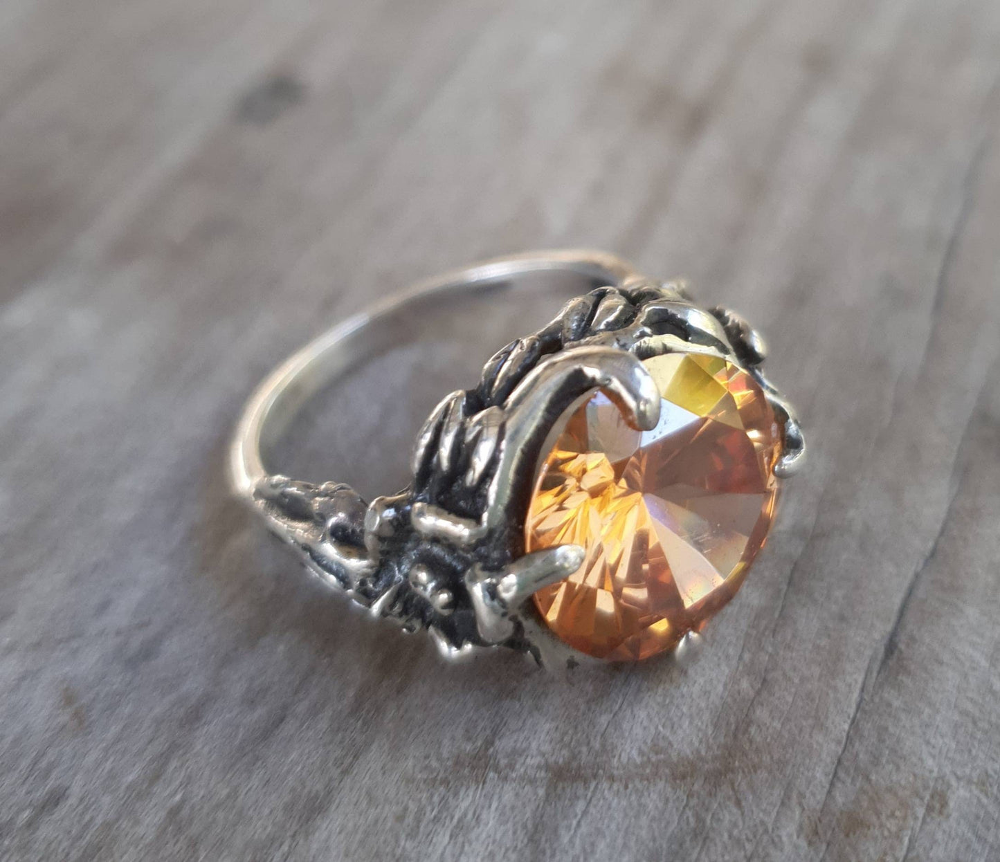 Flower ring,vintage upcycled,sterling silver, cubic zirconia,art nouveau,cinamon cz, victorian,boho,gypsy,handmade,crystal