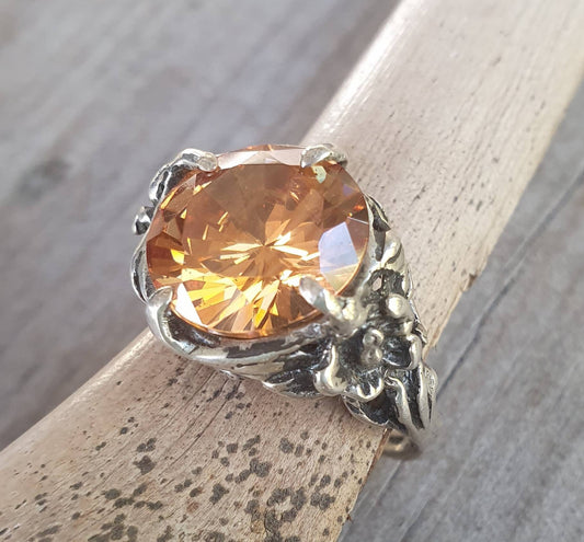 Flower ring,vintage upcycled,sterling silver, cubic zirconia,art nouveau,cinamon cz, victorian,boho,gypsy,handmade,crystal