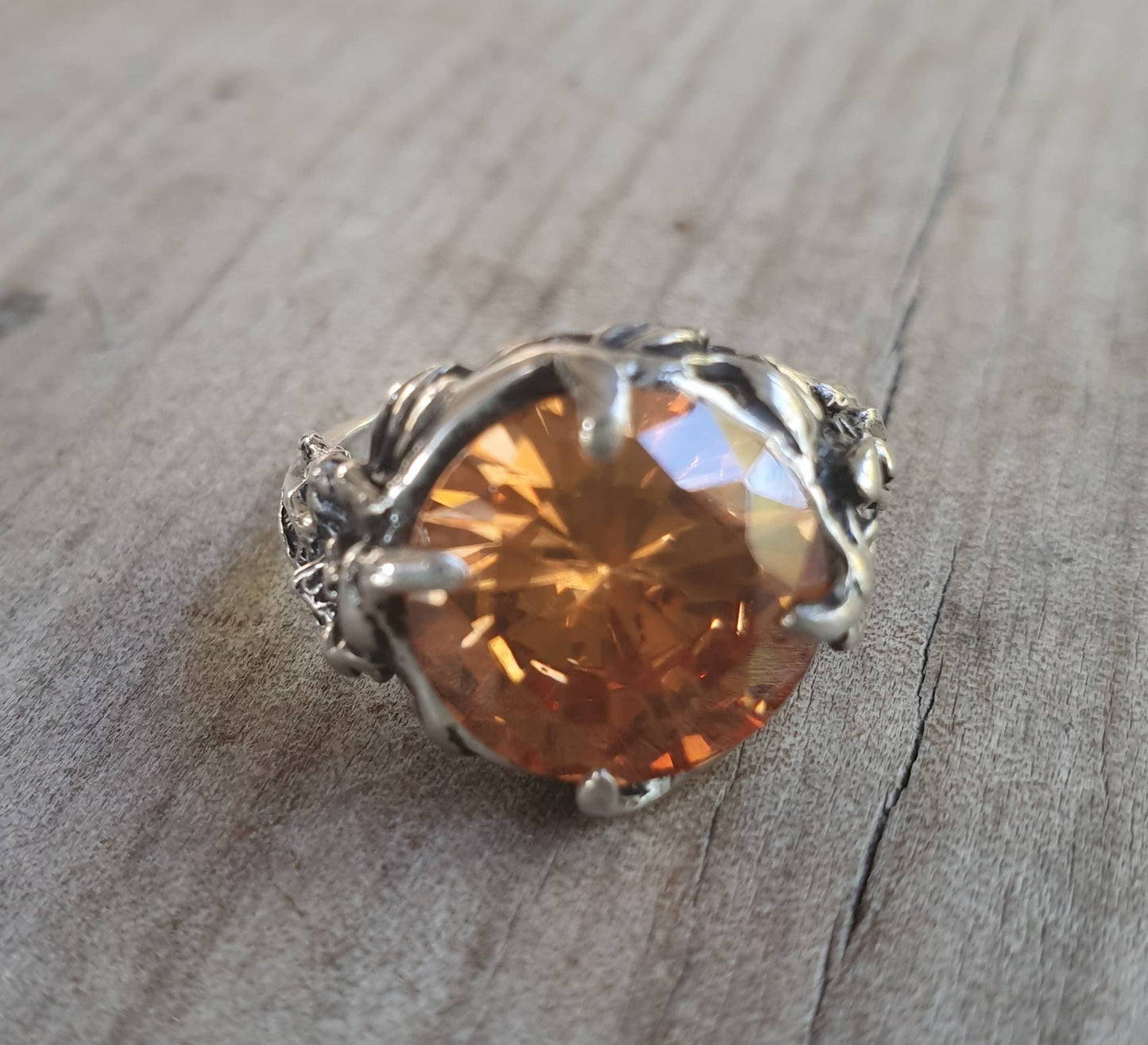 Flower ring,vintage upcycled,sterling silver, cubic zirconia,art nouveau,cinamon cz, victorian,boho,gypsy,handmade,crystal