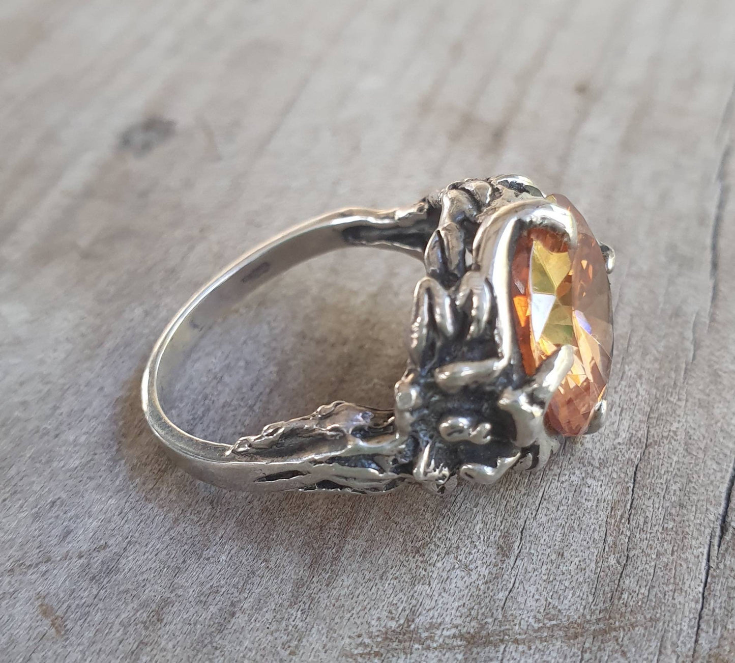 Flower ring,vintage upcycled,sterling silver, cubic zirconia,art nouveau,cinamon cz, victorian,boho,gypsy,handmade,crystal