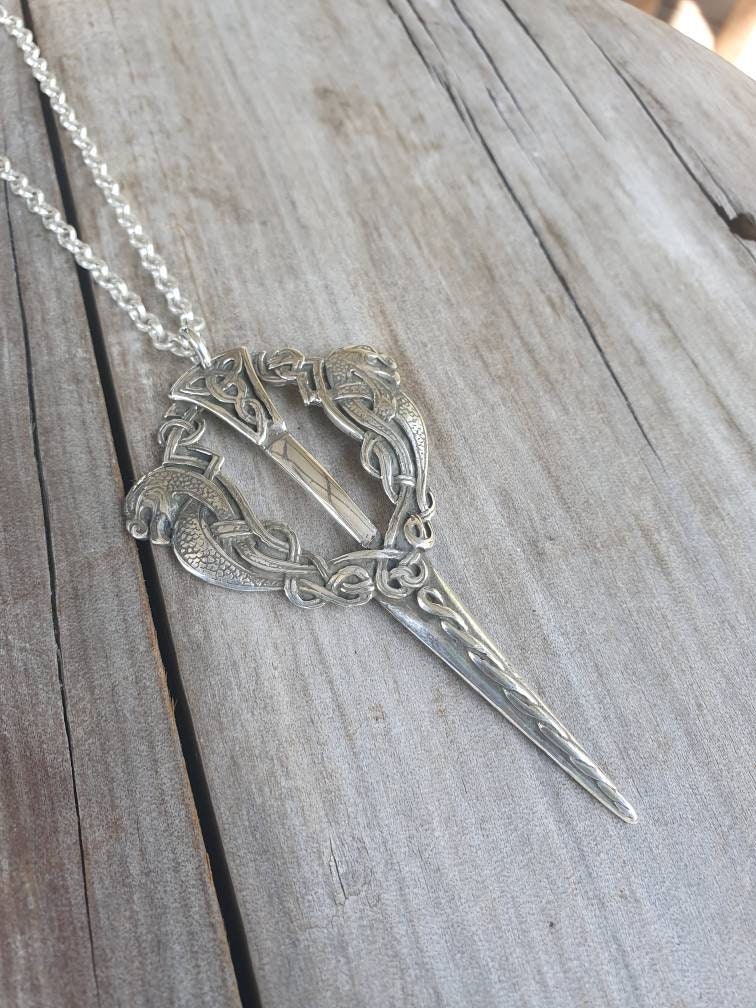 Large celtic pendant,sterling silver,handmade from a celtic cloak pin,celtic dragons,dagger,eelsh dragons