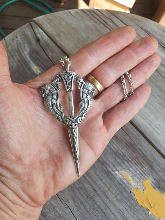 Large celtic pendant,sterling silver,handmade from a celtic cloak pin,celtic dragons,dagger,eelsh dragons