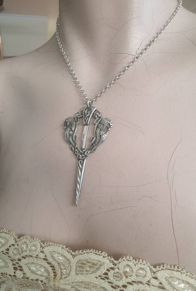 Large celtic pendant,sterling silver,handmade from a celtic cloak pin,celtic dragons,dagger,eelsh dragons