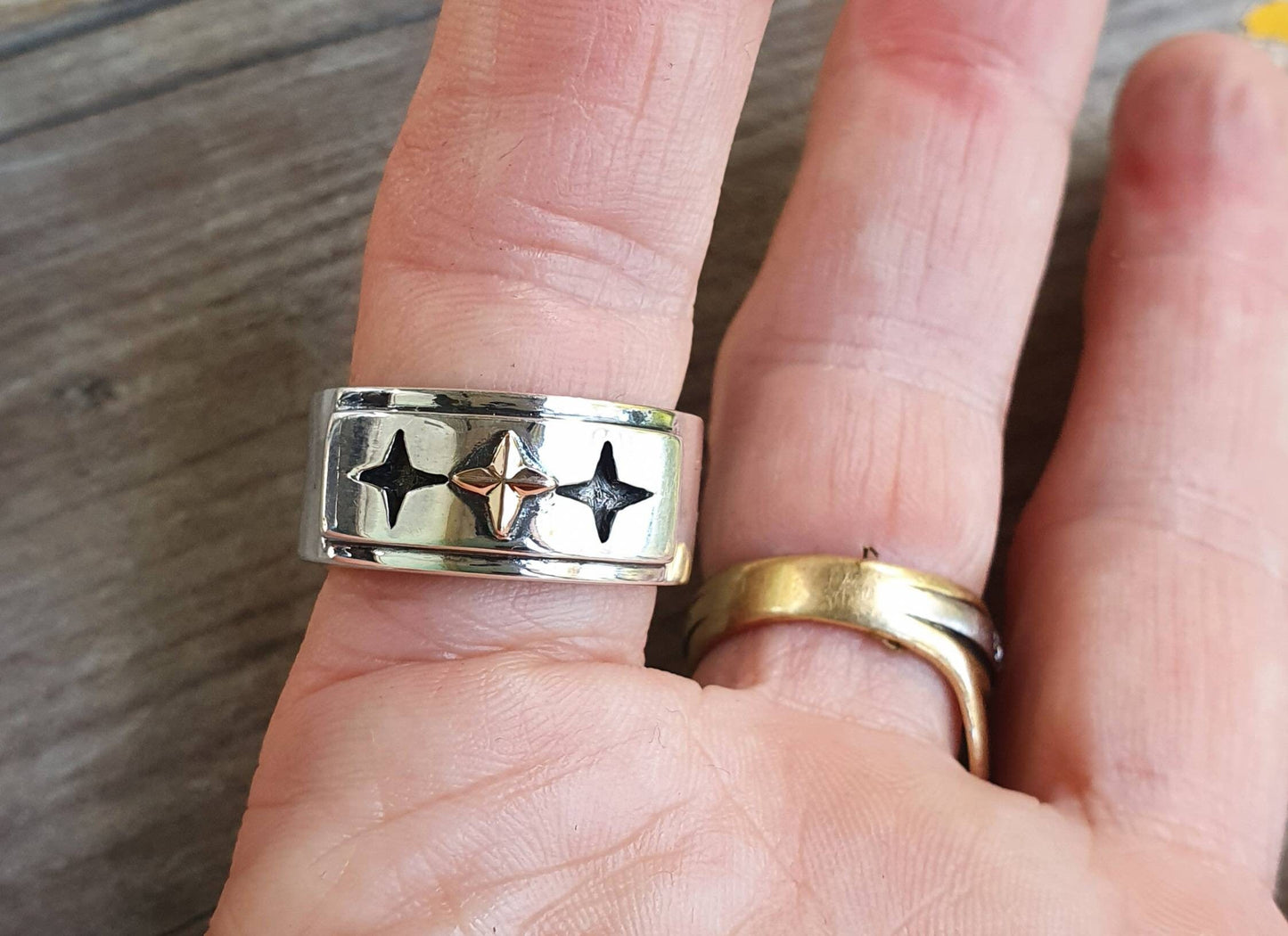 Gold star ring,two tone ring,10k gold and sterling silver,chunky,even cross, wedding,oxidized,Christian,