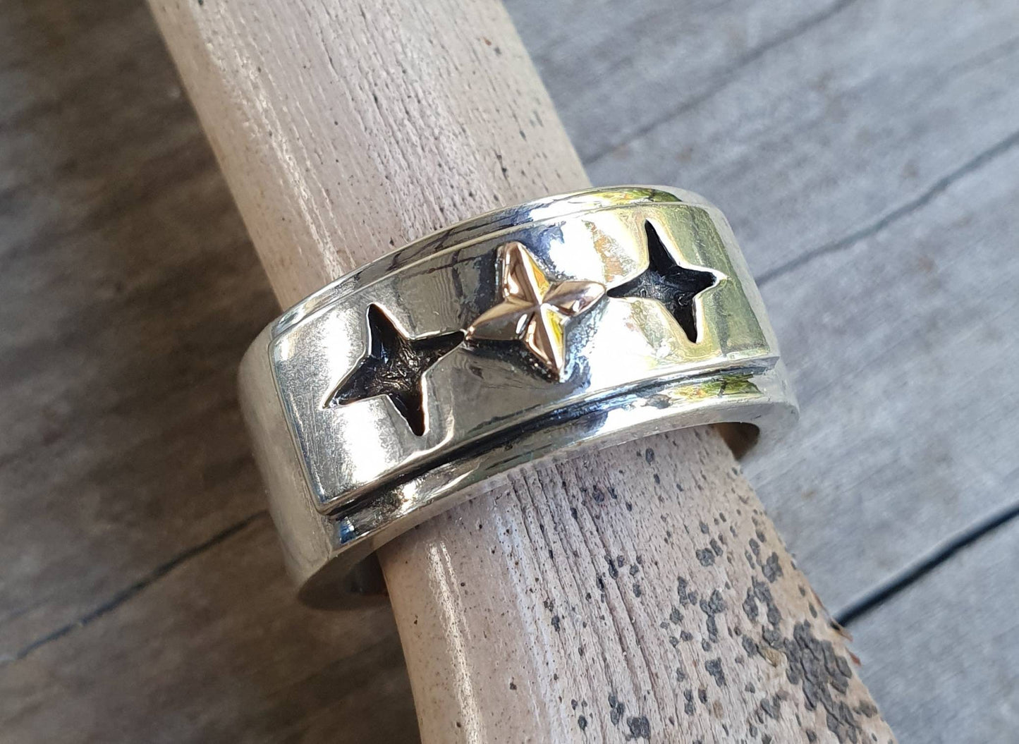 Gold star ring,two tone ring,10k gold and sterling silver,chunky,even cross, wedding,oxidized,Christian,