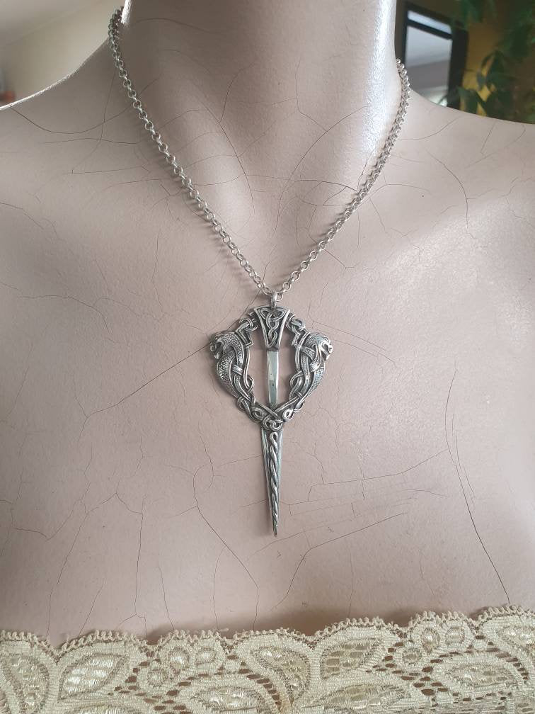Large celtic pendant,sterling silver,handmade from a celtic cloak pin,celtic dragons,dagger,eelsh dragons