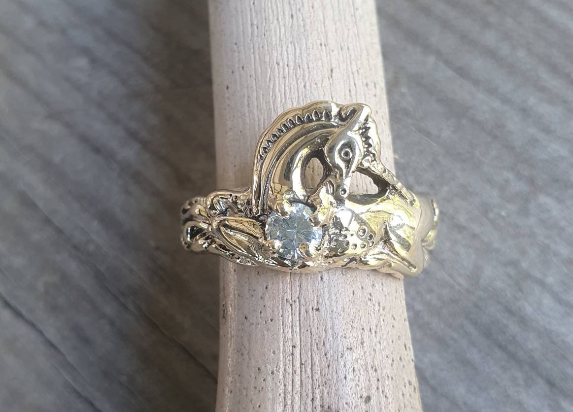 9k Gold Unicorn ring,solid 9ct gold, mythical horse, fantasy,cubic zirconia, new age boho, hippy
