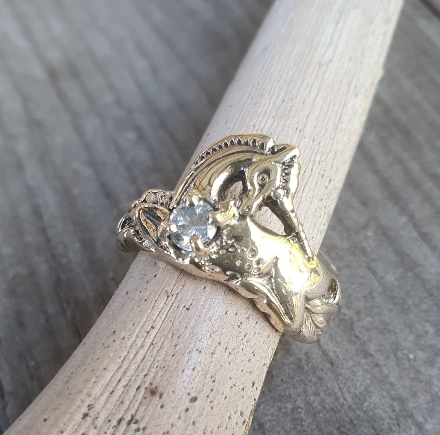 9k Gold Unicorn ring,solid 9ct gold, mythical horse, fantasy,cubic zirconia, new age boho, hippy