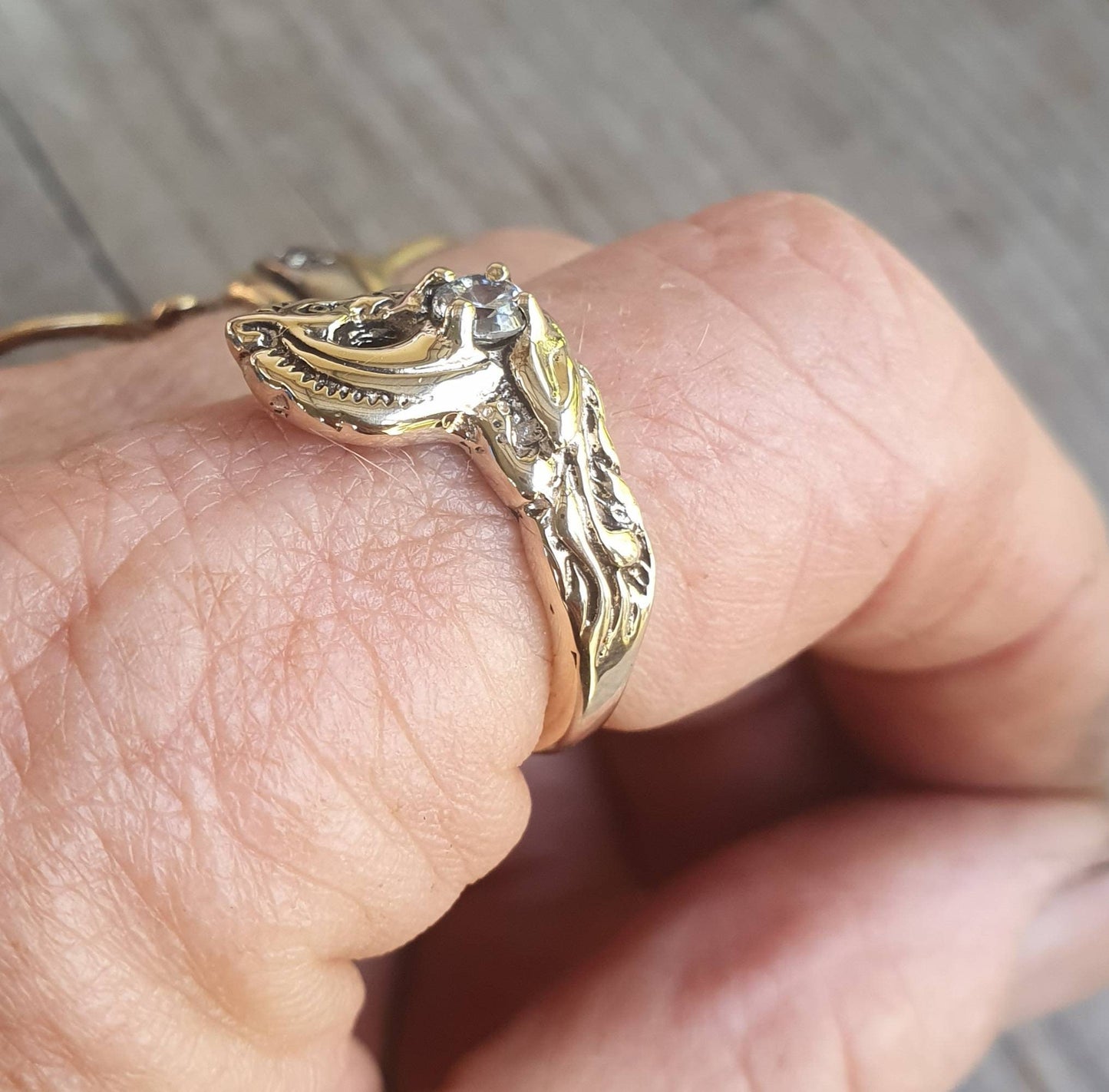 9k Gold Unicorn ring,solid 9ct gold, mythical horse, fantasy,cubic zirconia, new age boho, hippy