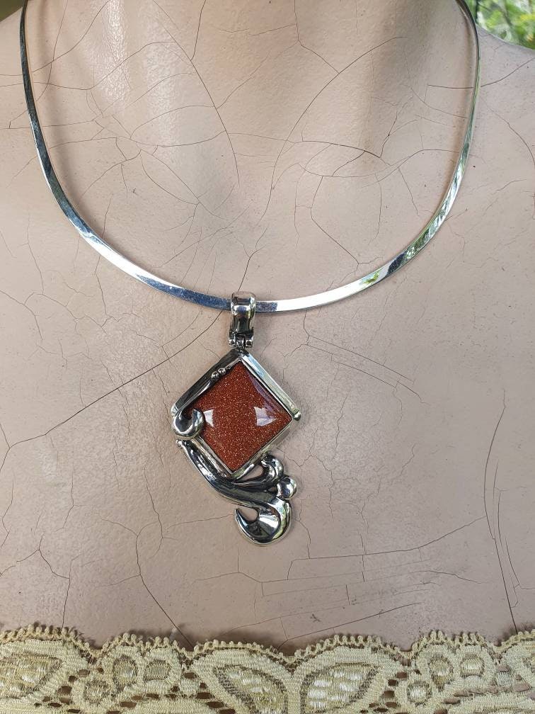 Large stone pendant,sparkling goldstone, sterling silver,handmade,designer, antique,baroque,scrolly,boho,choker,bridal necklace,gemstone