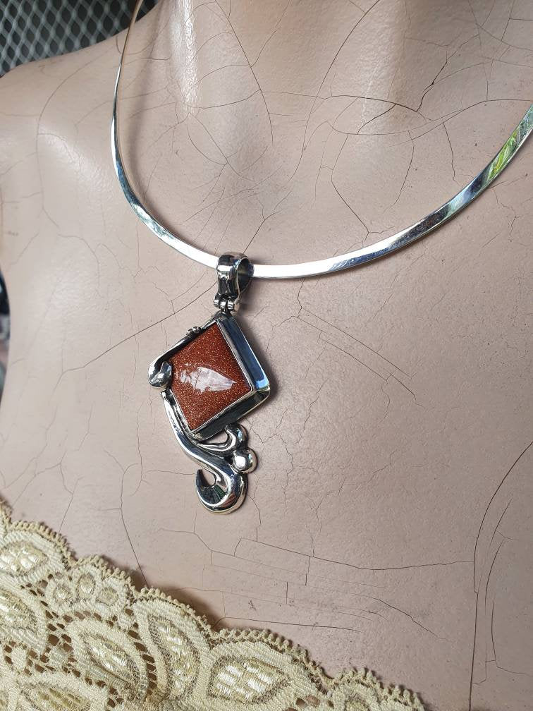 Large stone pendant,sparkling goldstone, sterling silver,handmade,designer, antique,baroque,scrolly,boho,choker,bridal necklace,gemstone