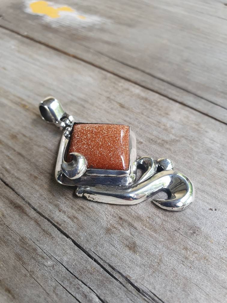 Large stone pendant,sparkling goldstone, sterling silver,handmade,designer, antique,baroque,scrolly,boho,choker,bridal necklace,gemstone