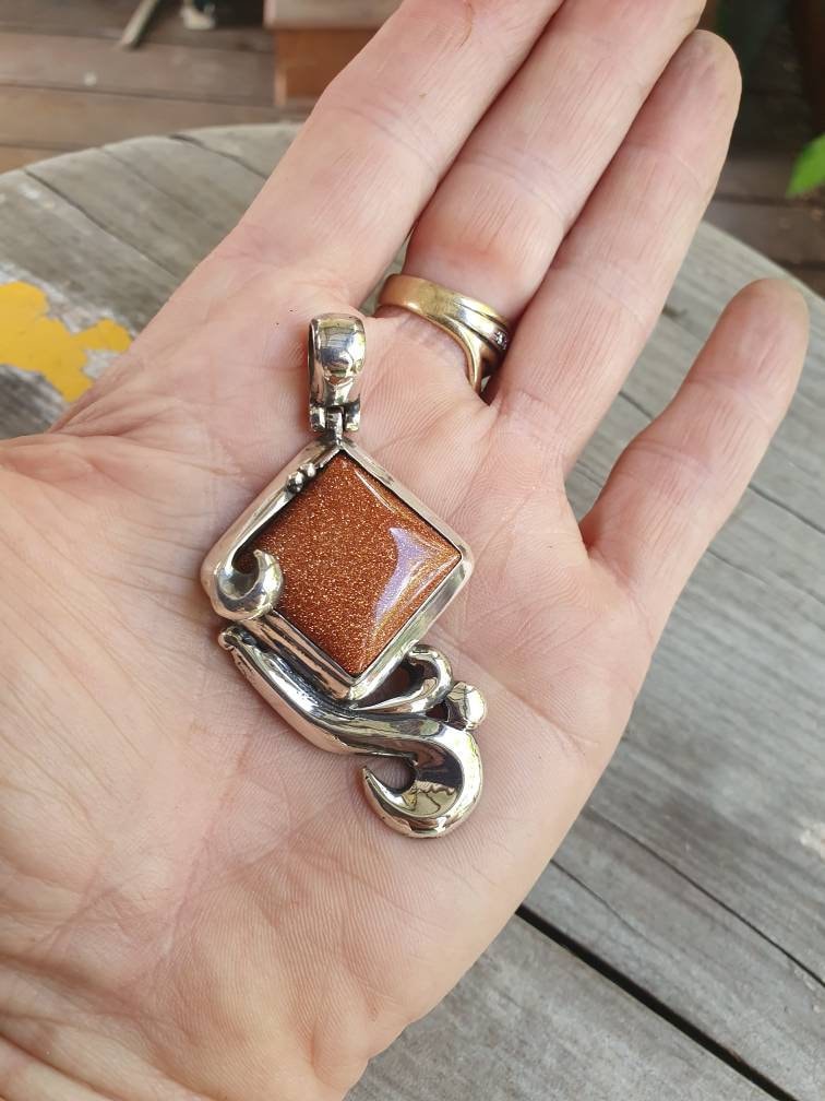 Large stone pendant,sparkling goldstone, sterling silver,handmade,designer, antique,baroque,scrolly,boho,choker,bridal necklace,gemstone